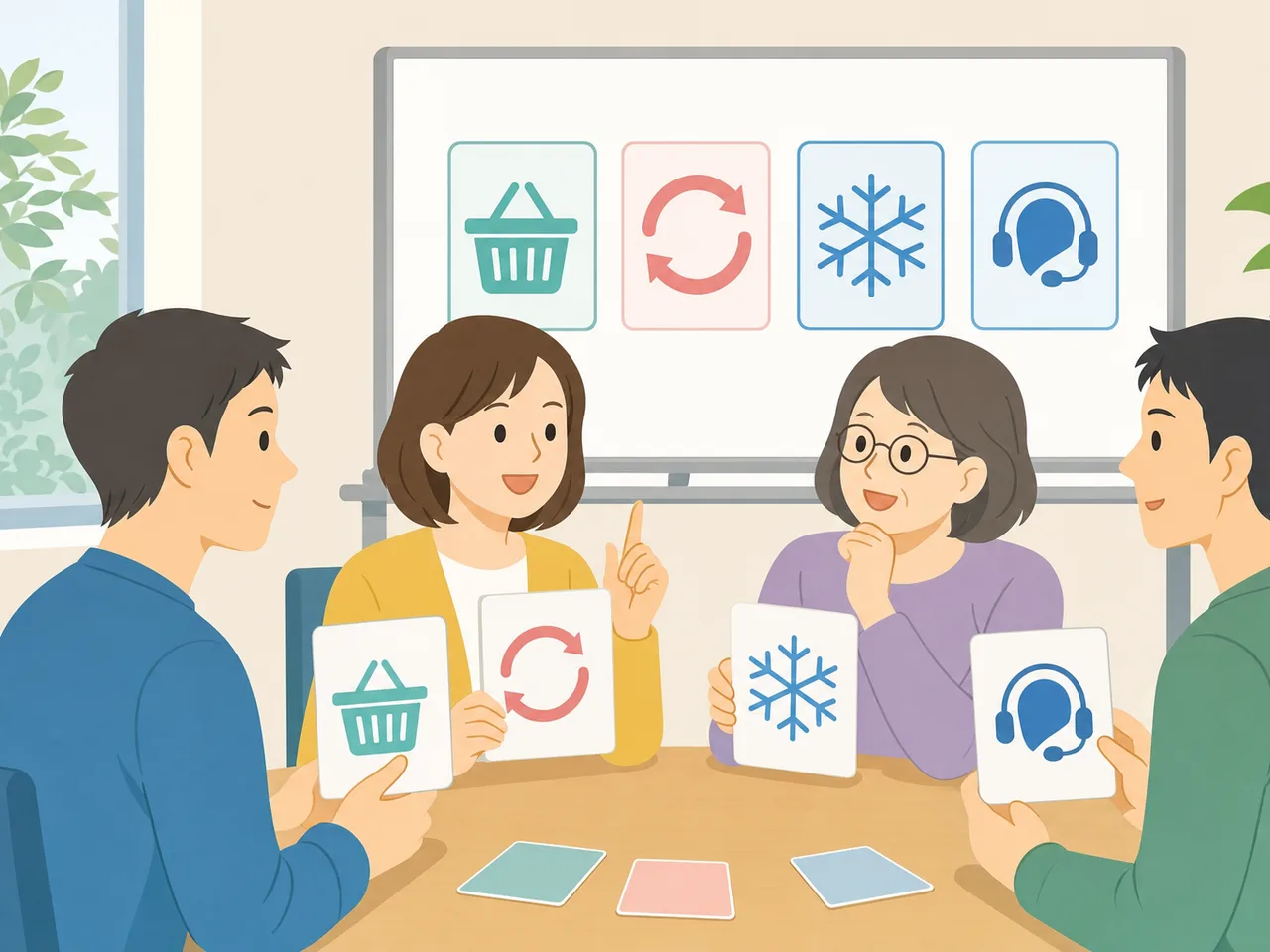 消費者の権利を学ぶ日本人（フラットイラスト）。消費者教育、消費者の権利、契約トラブル予防、クーリングオフの記事や案内に使える商用素材です。