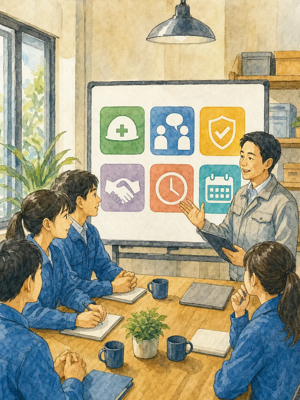 インターンシップ説明を受ける日本人学生（手描き水彩）。インターンシップ、職場体験、大学生、就業体験の記事や案内に使える商用素材です。
