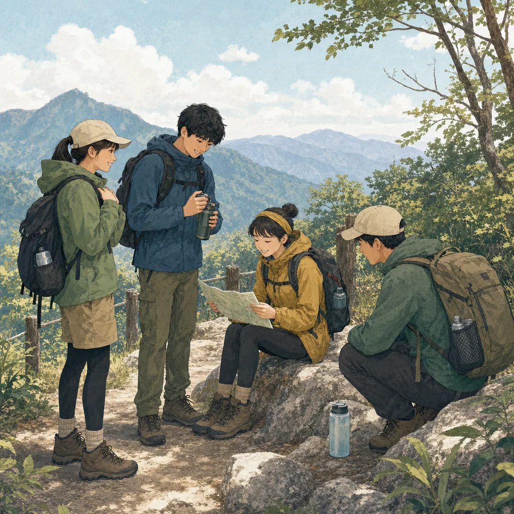 安全に登山を楽しむ日本人の友人（編集記事向け）。登山、ハイキング、アウトドア、健康促進の記事向け素材です。
