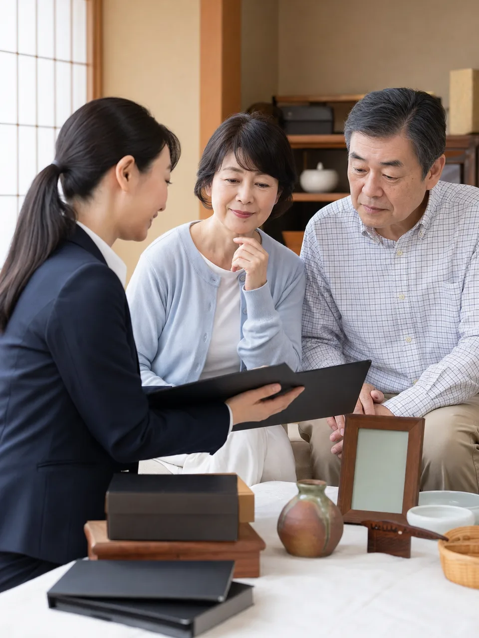 相続財産を整理する日本人家族（自然な縦位置写真）。相続財産、遺産整理、相続相談、家族会議の記事や案内に使える商用素材です。