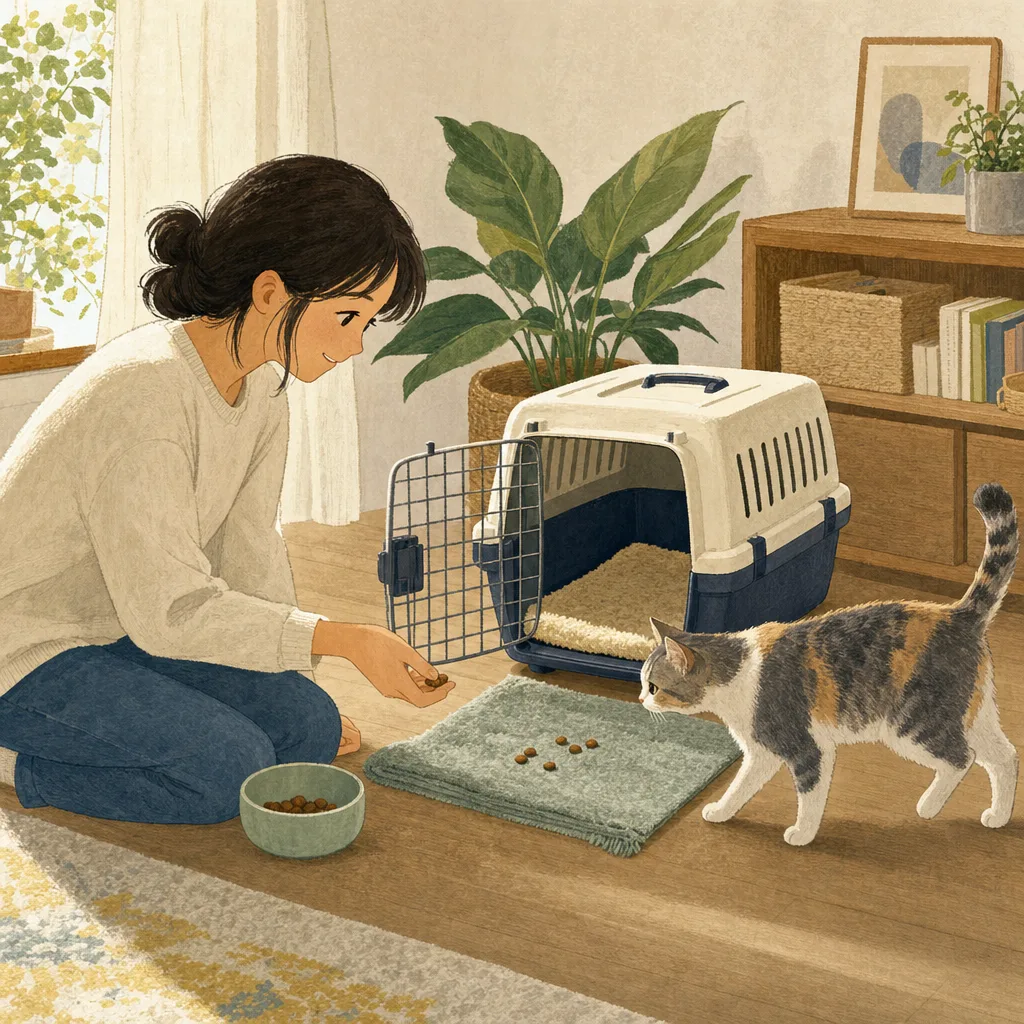 ペットのキャリーケース練習をする日本人（編集記事向け）。キャリーケース練習、犬猫、ペット、防災の記事向け素材です。