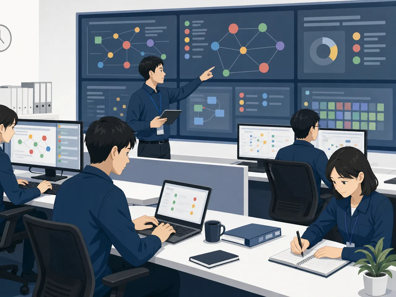 サイバーセキュリティを守る日本人チーム（フラットイラスト）。サイバーセキュリティ、SOC、監視、情報保護の記事向け素材です。