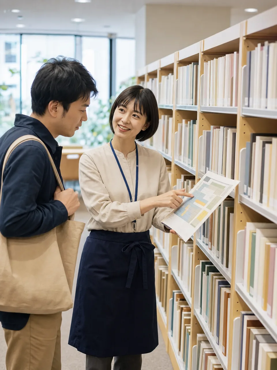 本探しを手伝う日本人図書館司書（自然な縦位置写真）。図書館司書、図書館、読書、学習支援の記事に使える素材です。