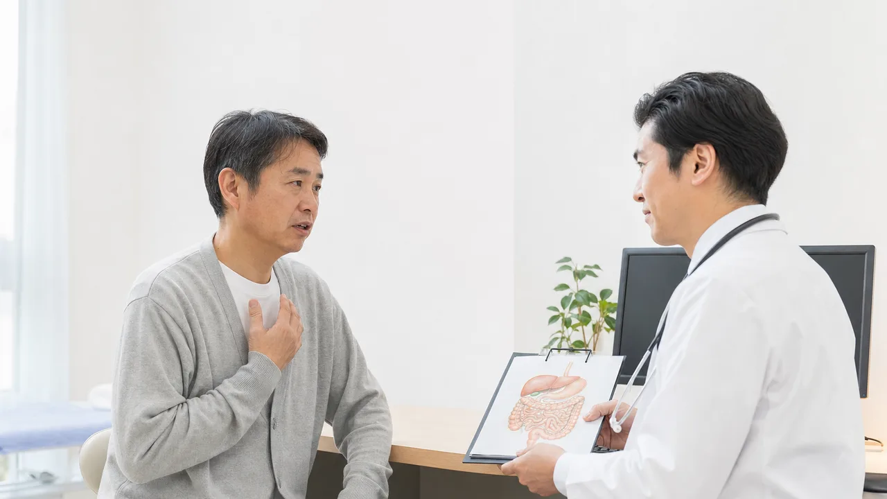 内科で相談する日本人患者（横長・コピースペース）。内科、かかりつけ医、診察、健康相談の記事向け素材です。