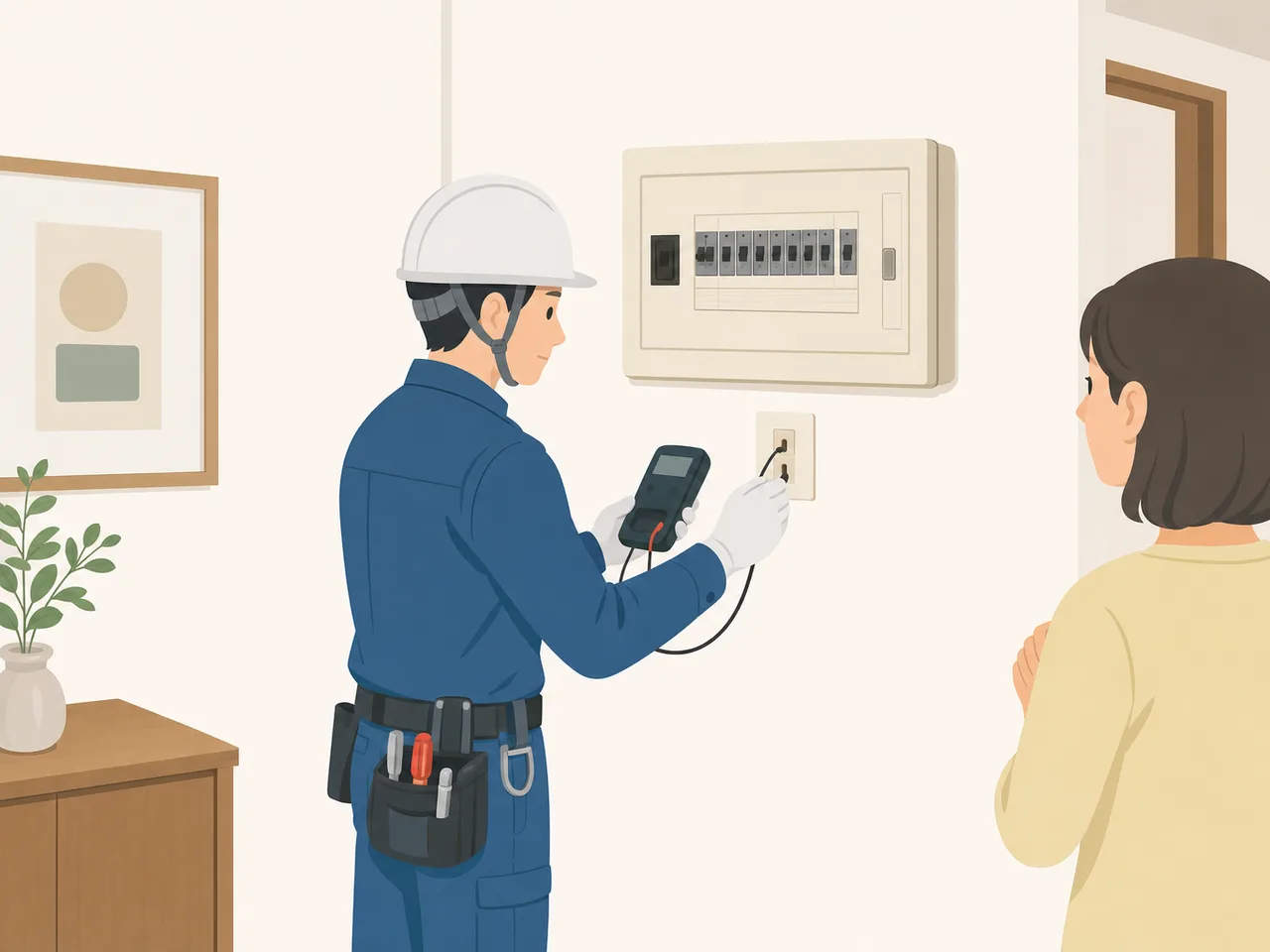 住宅の分電盤を点検する日本人電気技術者（フラットイラスト）。分電盤点検、電気設備、住宅点検、電気工事士の記事や案内に使える商用素材です。
