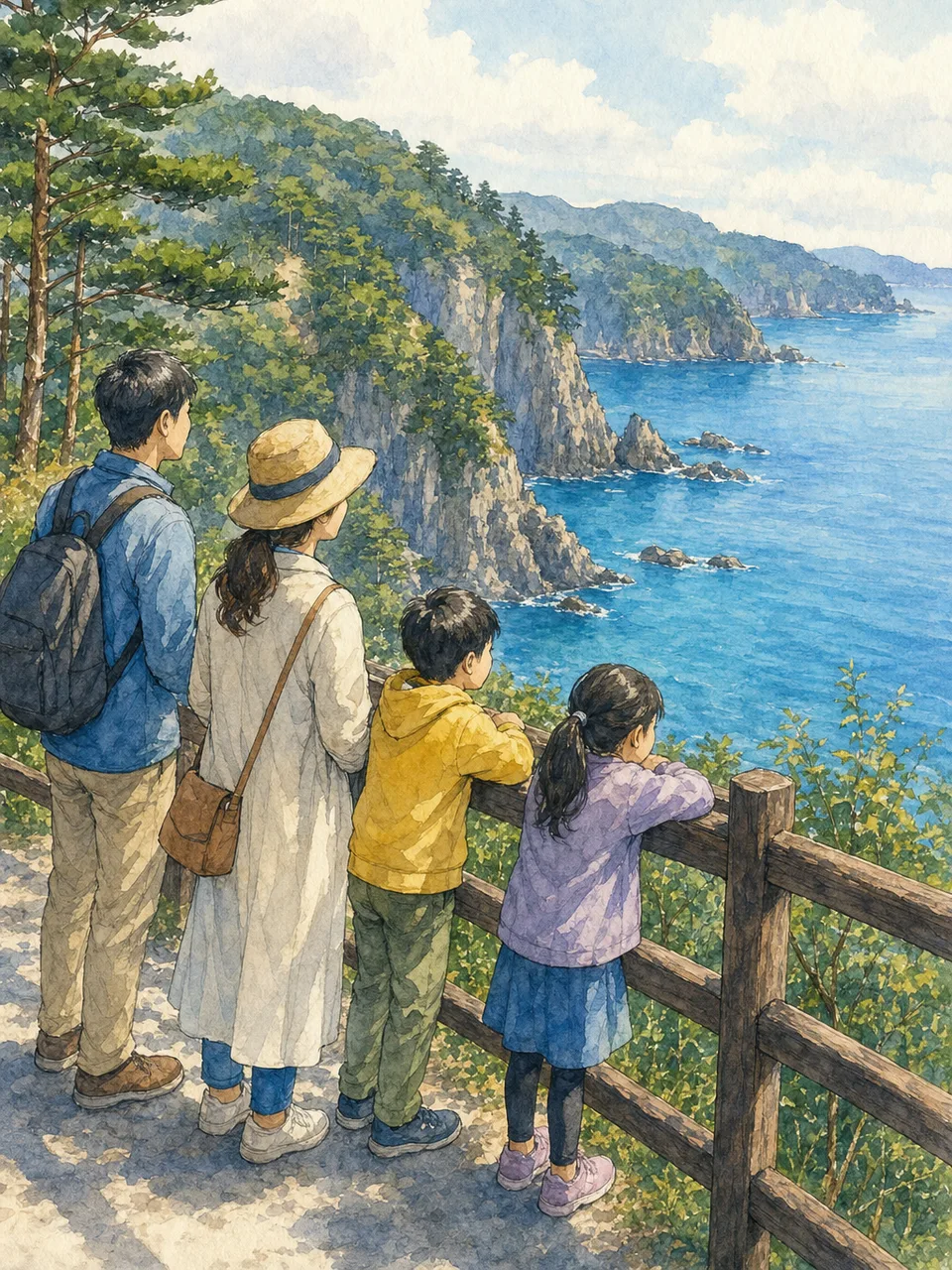 岩手の三陸海岸を眺める旅行者（手描き水彩）。岩手旅行、三陸海岸、東北旅行、海岸風景の記事や案内に使える商用素材です。