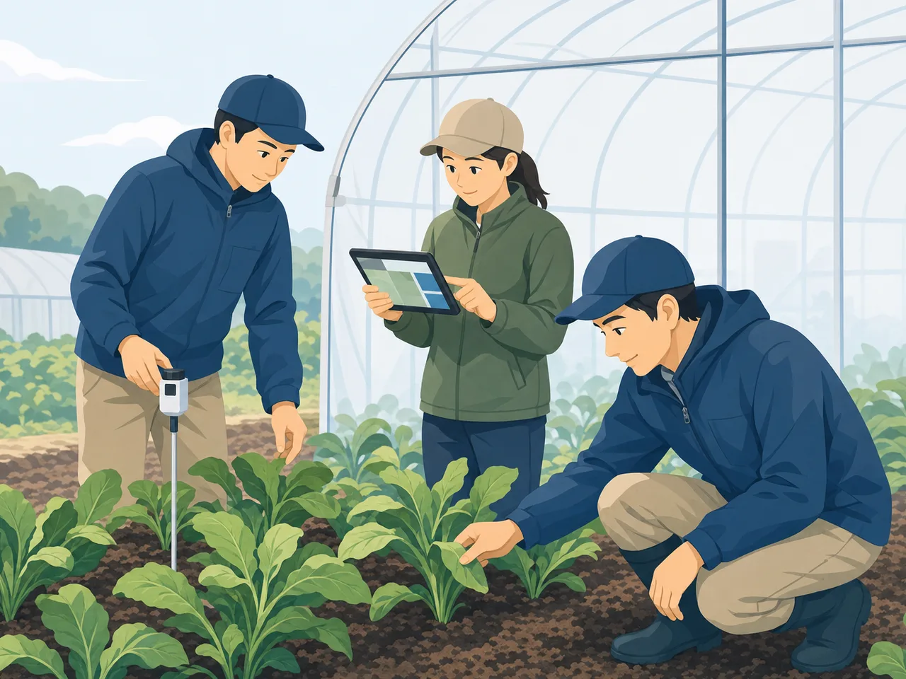 スマート農業に取り組む日本人農家（フラットイラスト）。スマート農業、農業IoT、センサー、農業技術の記事向け素材です。