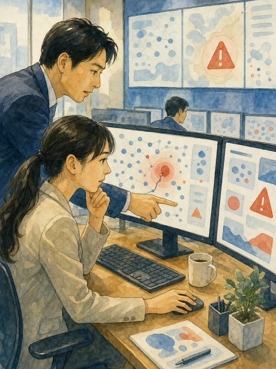 決済不正を監視する日本人チーム（手描き水彩）。決済不正、不正検知、キャッシュレス、リスク監視の記事や案内に使える商用素材です。