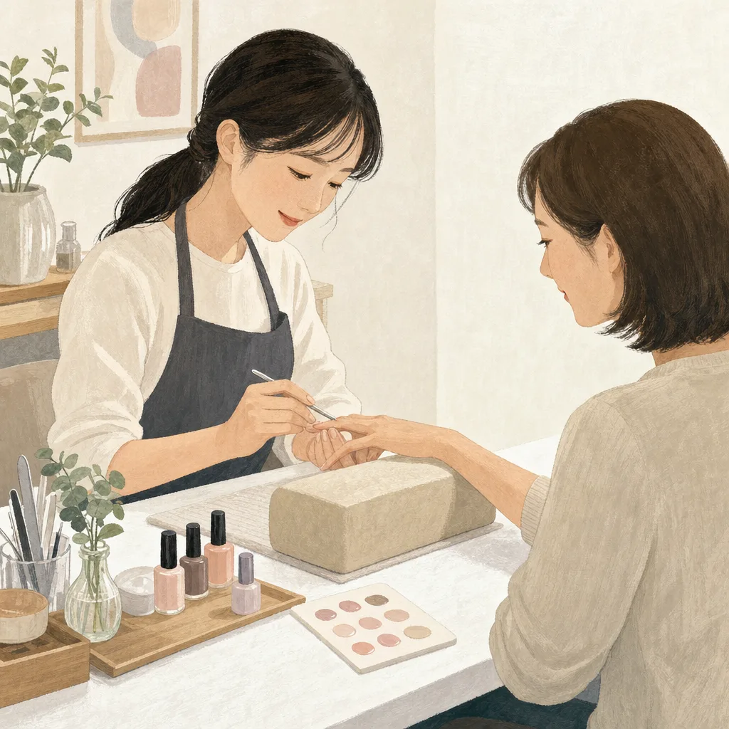 ネイルを施術する日本人ネイリスト（編集記事向け）。ネイリスト、ネイルサロン、美容、接客の記事向け素材です。