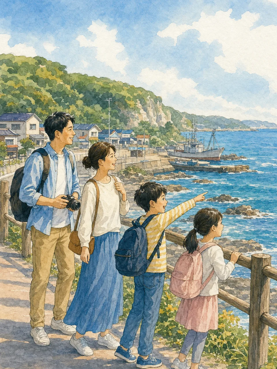 千葉の房総海岸を巡る旅行者（手描き水彩）。千葉旅行、房総半島、海岸旅行、関東旅行の記事や案内に使える商用素材です。