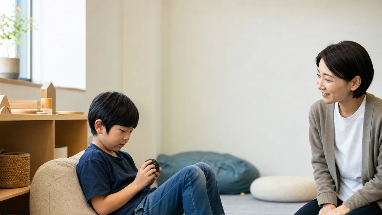 感覚休憩を選ぶ日本人の子ども（横長・コピースペース）。感覚休憩、特別支援教育、合理的配慮、子どもの記事や案内に使える商用素材です。