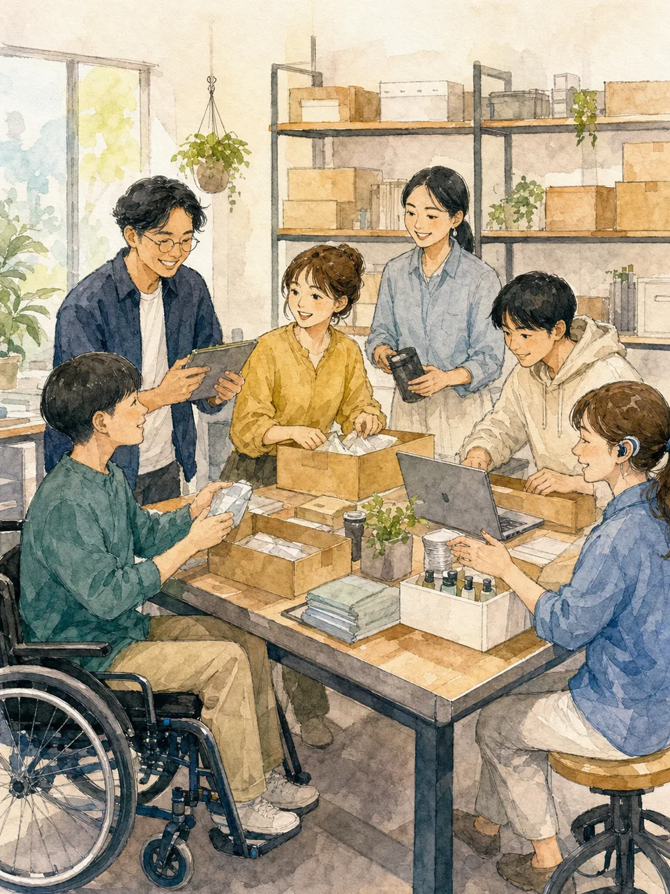 障害のある人と協働する日本の職場（手描き水彩）。障害者雇用、合理的配慮、就労支援、共生社会の記事向け素材です。
