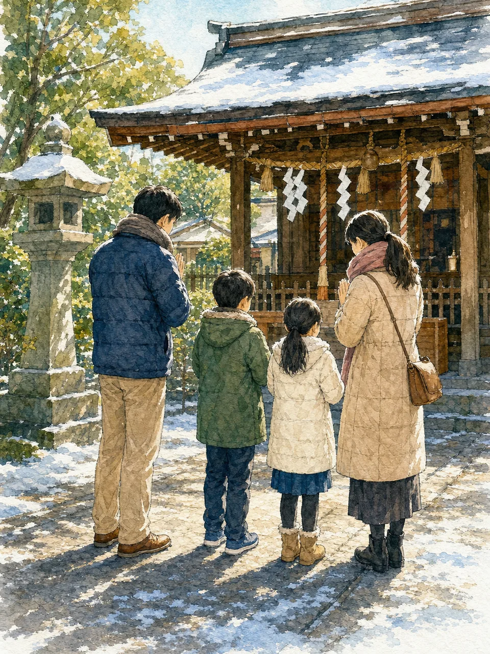 初詣に出かける日本人家族（手描き水彩）。初詣、正月、家族、日本文化の記事に使える季節素材です。