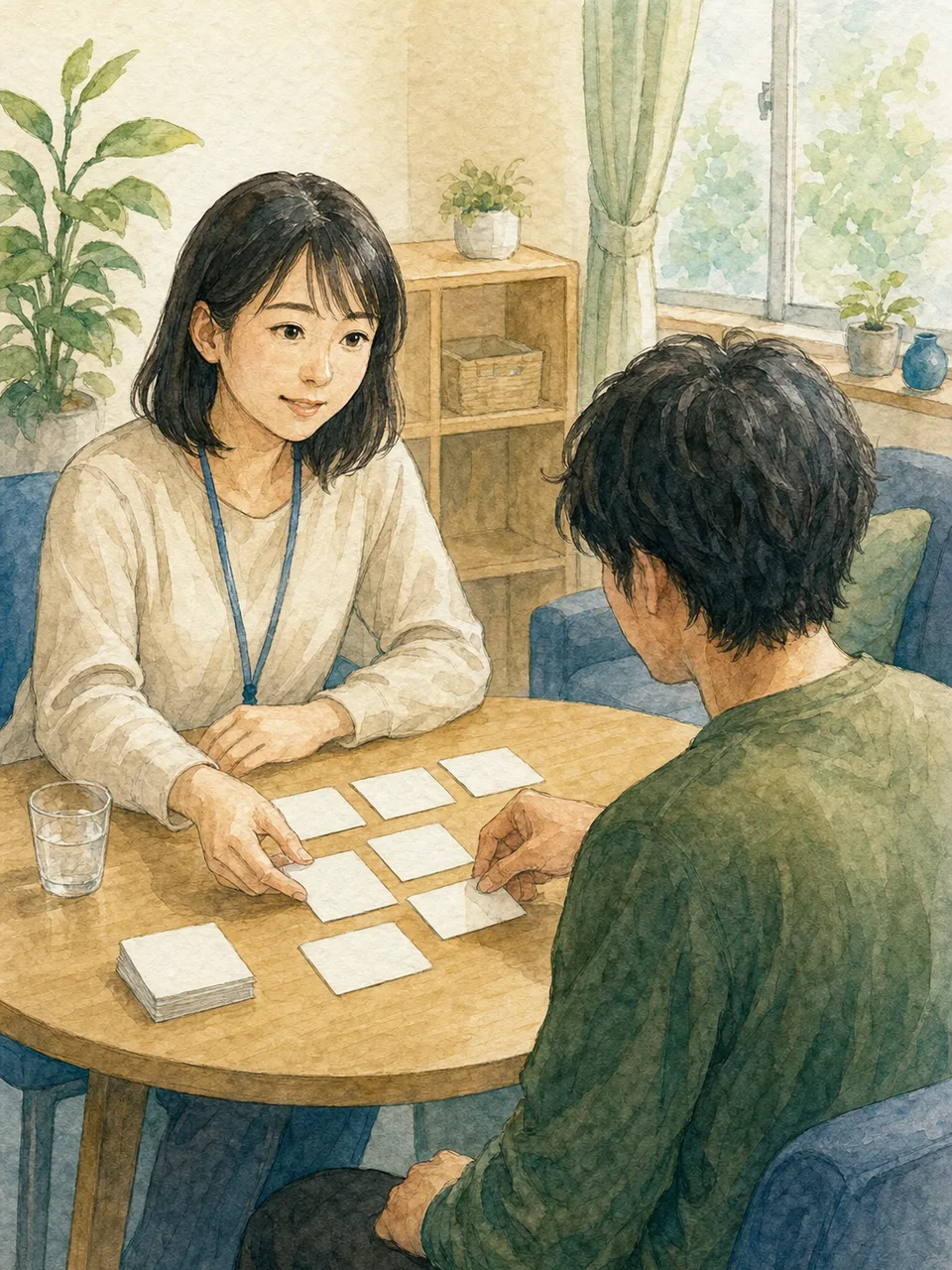生活相談に寄り添う日本人社会福祉士（手描き水彩）。社会福祉士、生活相談、地域福祉、支援窓口の記事向け素材です。
