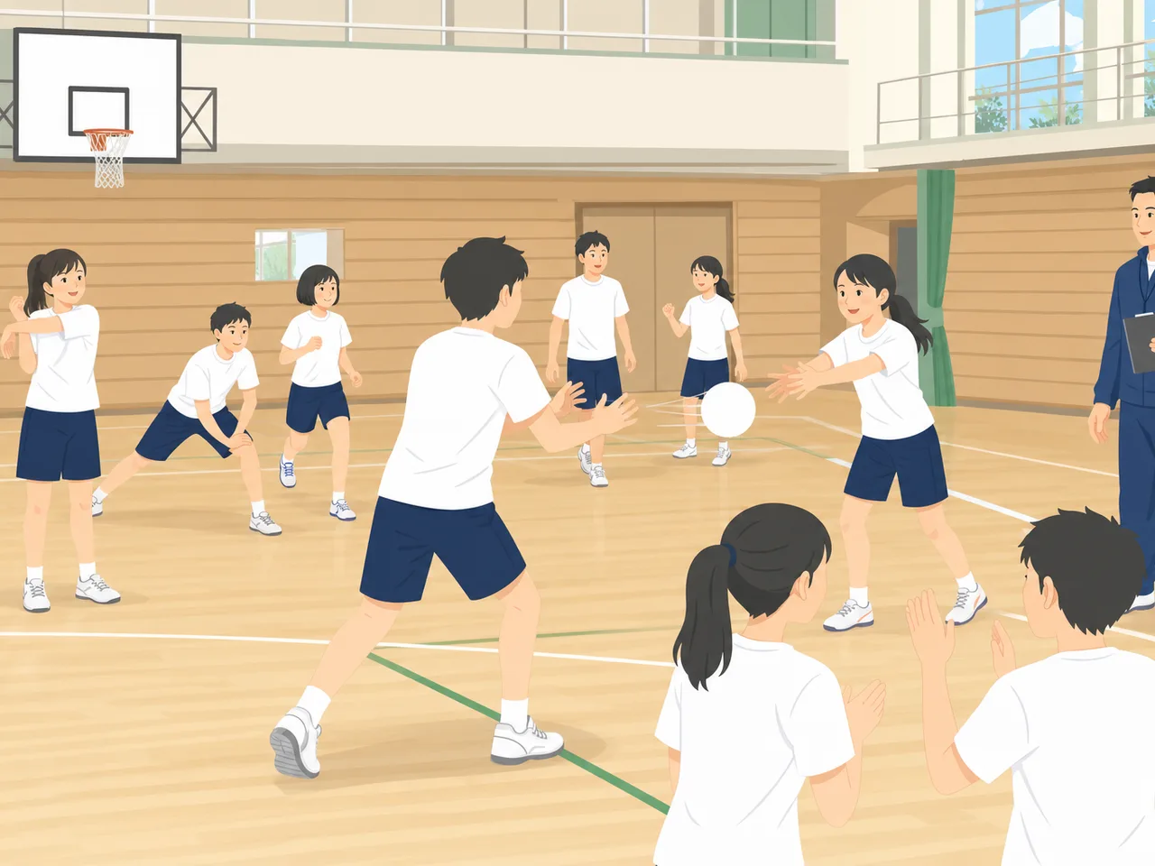部活動に励む日本人中高生（フラットイラスト）。部活動、中学生、高校生、チームワークの記事向け素材です。