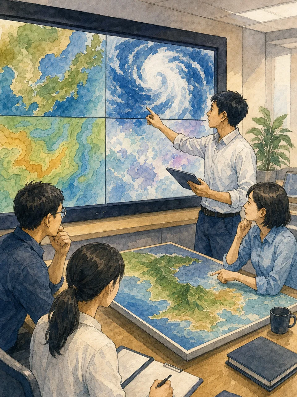 衛星データを分析する日本人研究者（手描き水彩）。衛星データ、リモートセンシング、地理空間情報、データ分析の記事や案内に使える商用素材です。