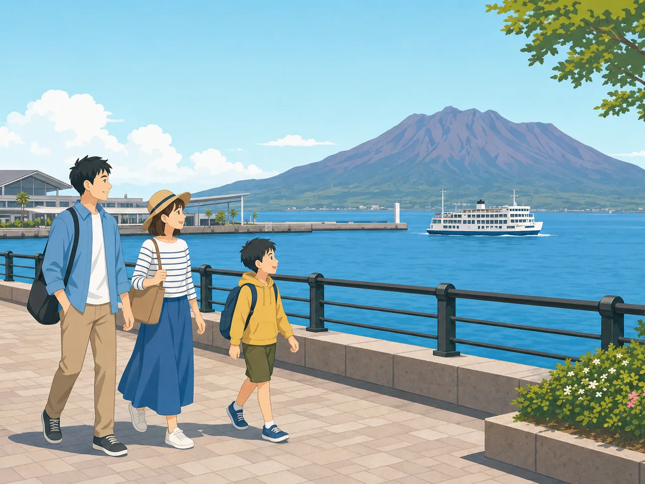 鹿児島の湾岸を旅する日本人（フラットイラスト）。鹿児島、湾岸風景、火山、九州旅行の記事向け素材です。