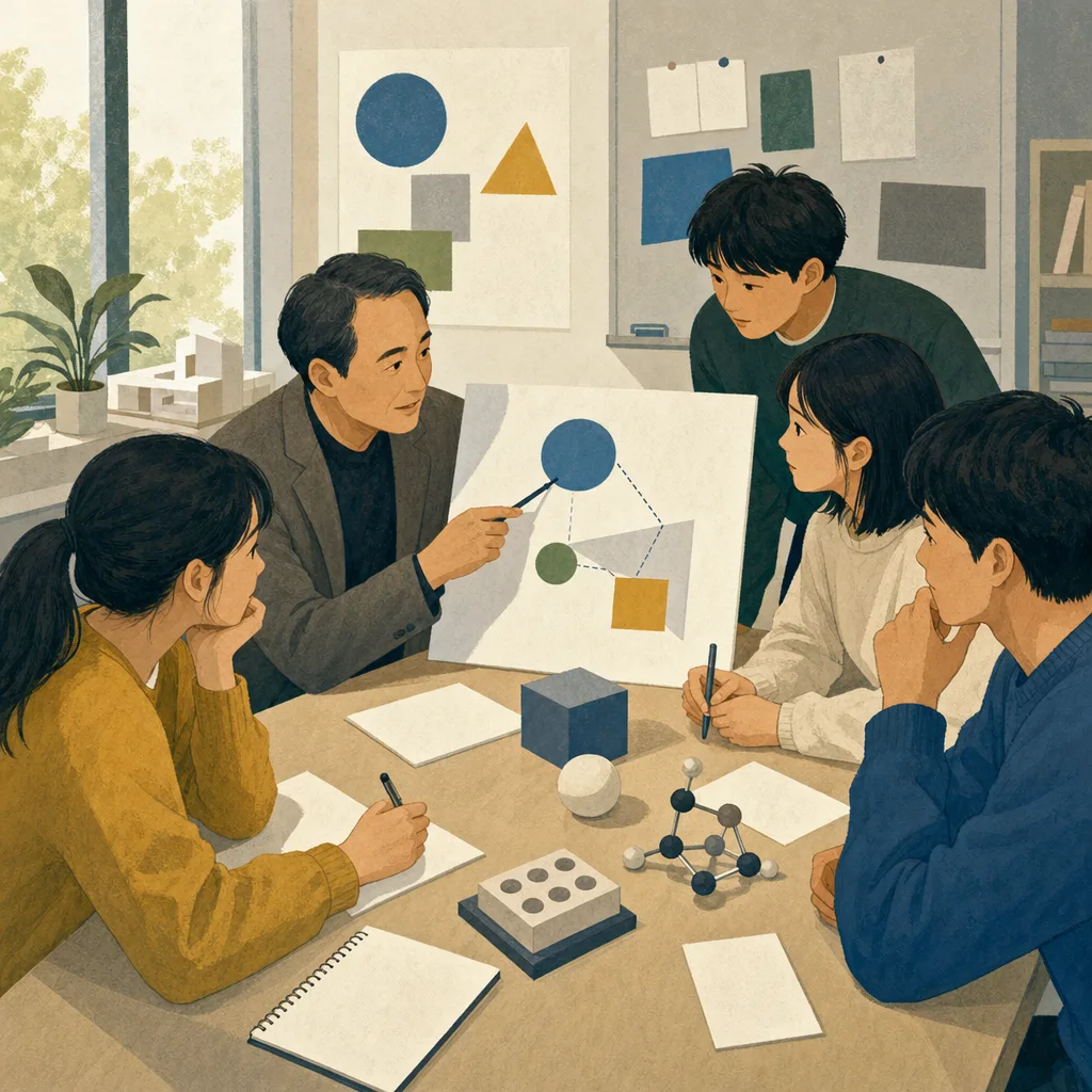 研究を議論する日本人大学生（編集記事向け）。大学ゼミ、研究室、大学生、研究発表の記事や案内に使える商用素材です。