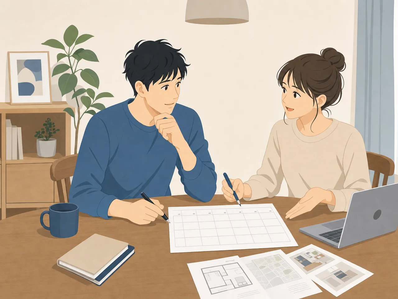 将来を話し合う日本人の若者カップル（フラットイラスト）。若者カップル、将来設計、同棲、パートナーシップの記事向け素材です。