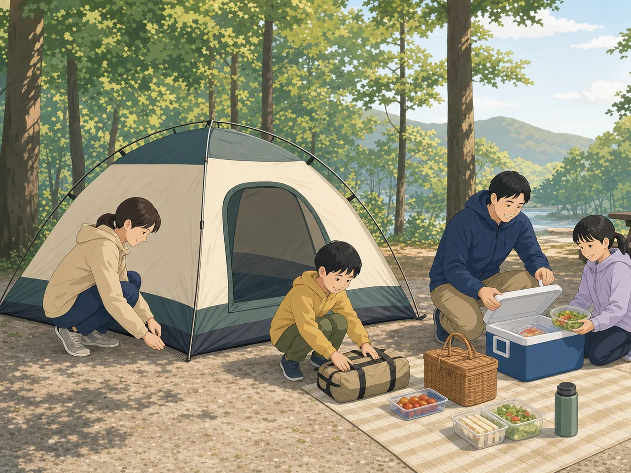 キャンプを楽しむ日本人家族（フラットイラスト）。キャンプ、家族旅行、アウトドア用品、自然体験の記事向け素材です。