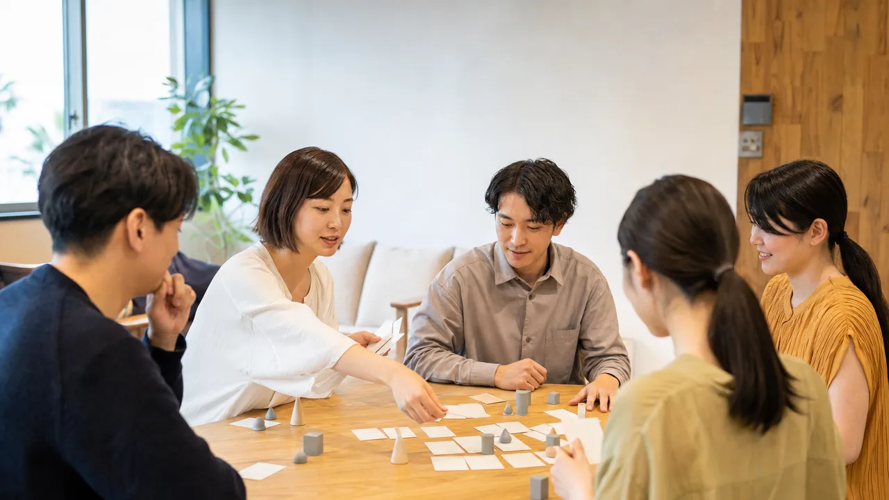 ボードゲームを楽しむ日本人の友達（横長・コピースペース）。男女の友達、友情、ボードゲーム、交流の記事向け素材です。