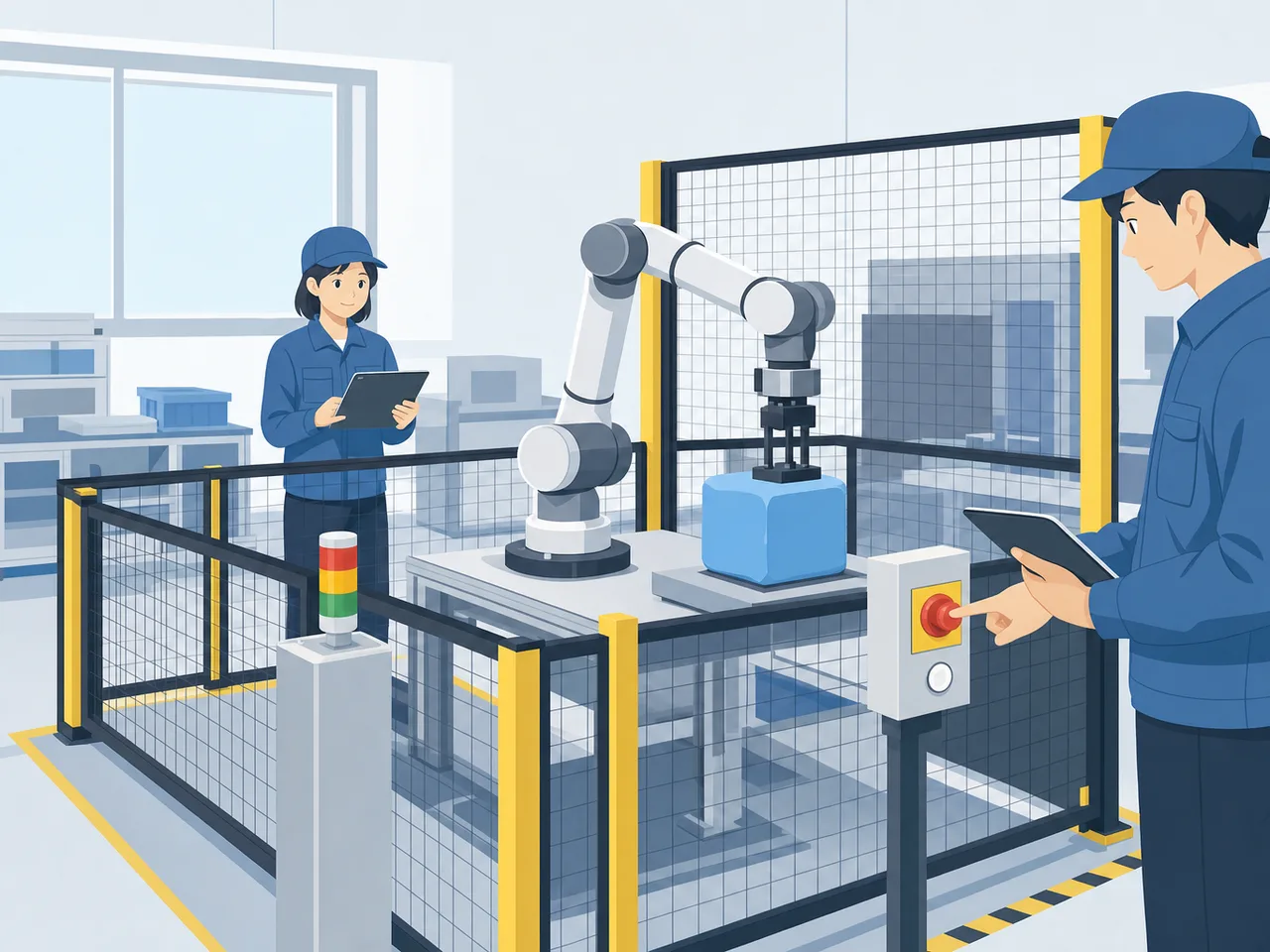 協働ロボットの安全を検証する日本人技術者（フラットイラスト）。協働ロボット、ロボット安全、製造業、安全試験の記事や案内に使える商用素材です。