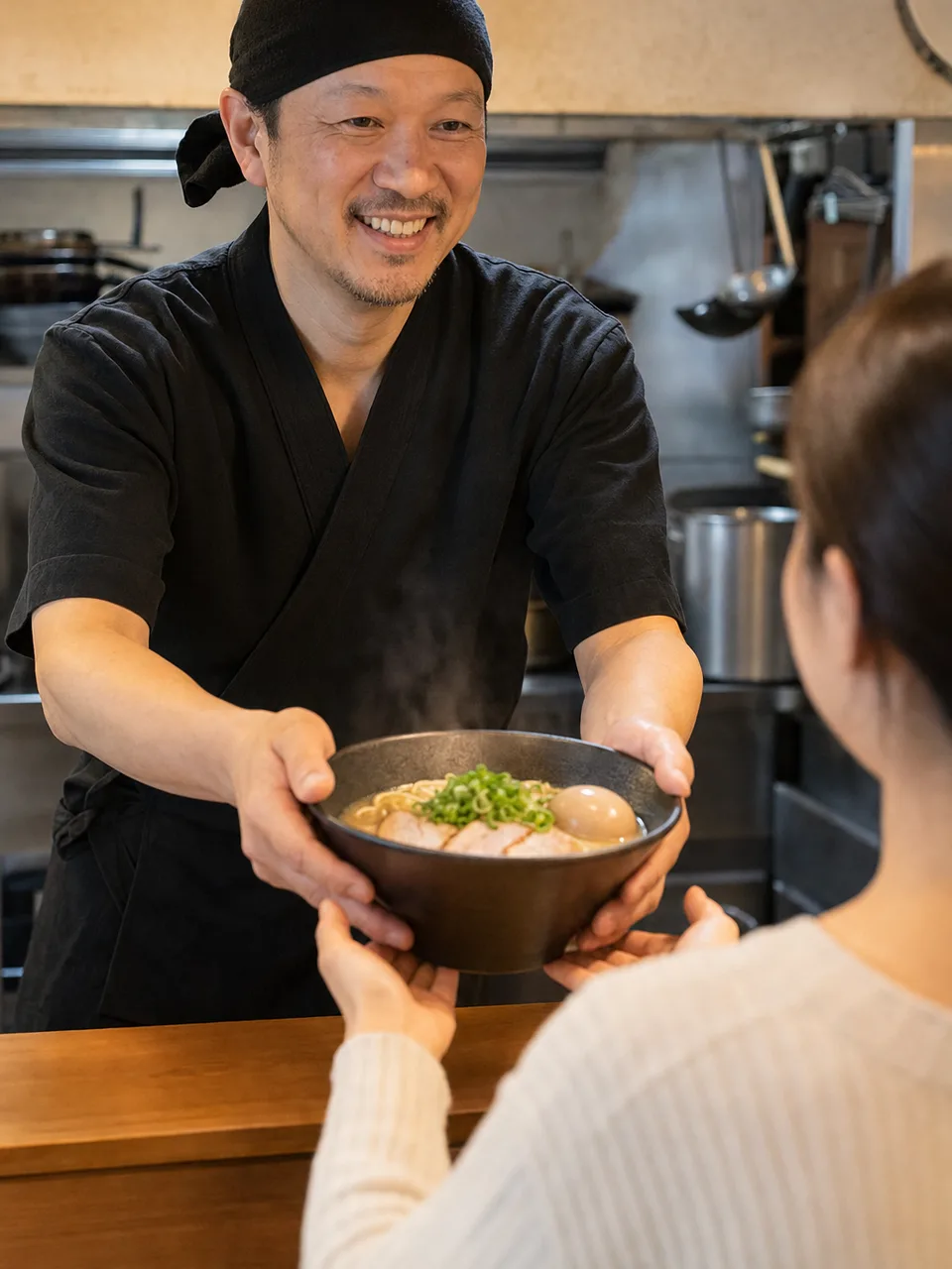 ラーメンを提供する日本人店主（自然な縦位置写真）。飲食店、外食、地域グルメ、求人記事に使えるラーメン店の素材です。