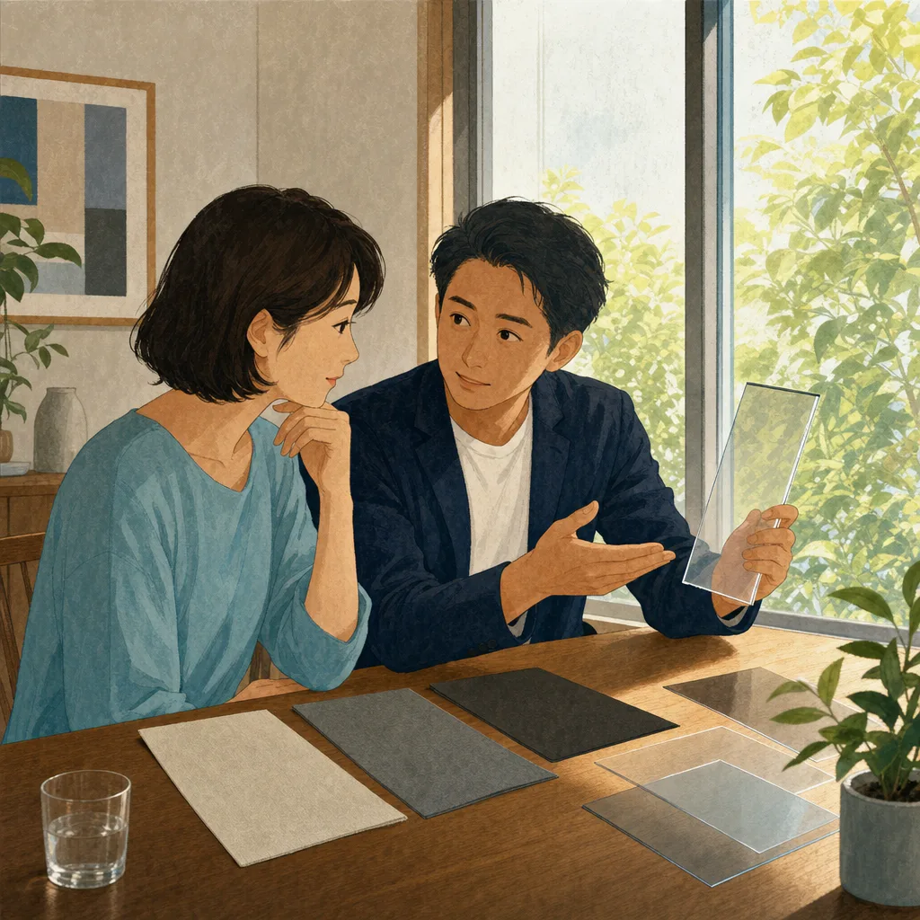 窓の日射対策を相談する日本人（編集記事向け）。窓の日射対策、遮熱、日よけ、省エネ住宅の記事や案内に使える商用素材です。