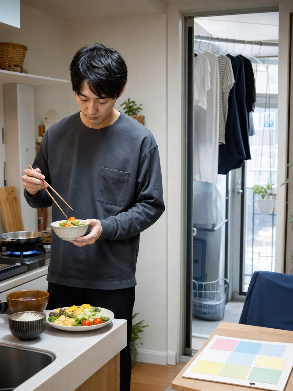 一人暮らしをする日本人男性（自然な縦位置写真）。一人暮らしの男性、自炊、家事、暮らしの記事向け素材です。