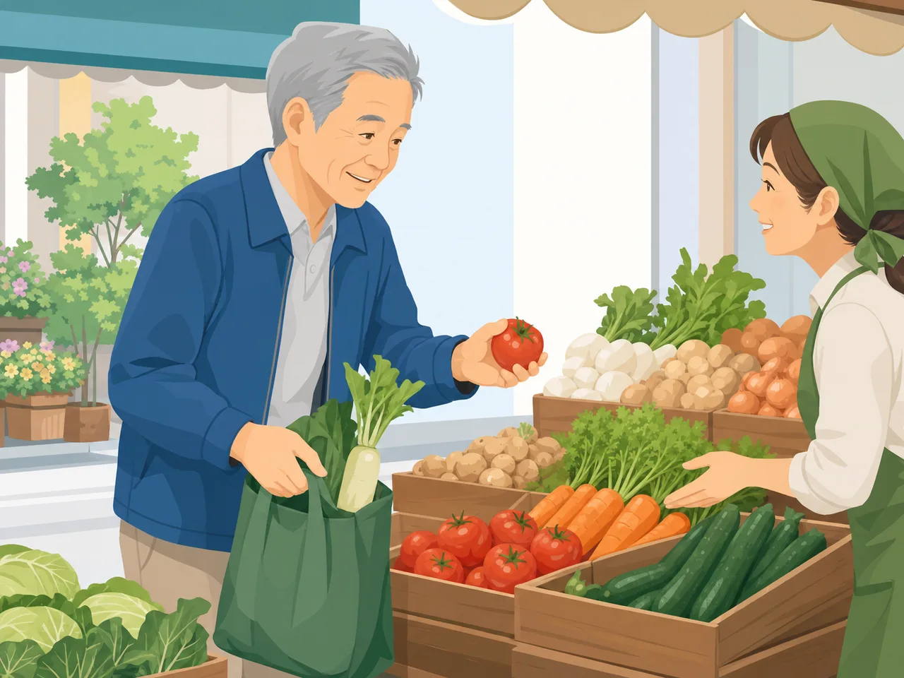 日本人シニア男性の日常（フラットイラスト）。シニア男性、日常、自立した暮らし、外出の記事向け素材です。