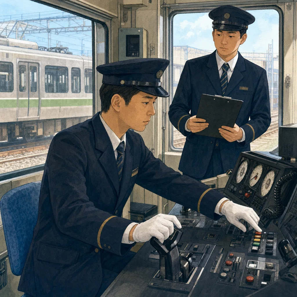 運行前点検をする日本人電車運転士（編集記事向け）。電車運転士、鉄道、安全運行、公共交通の記事に使える素材です。