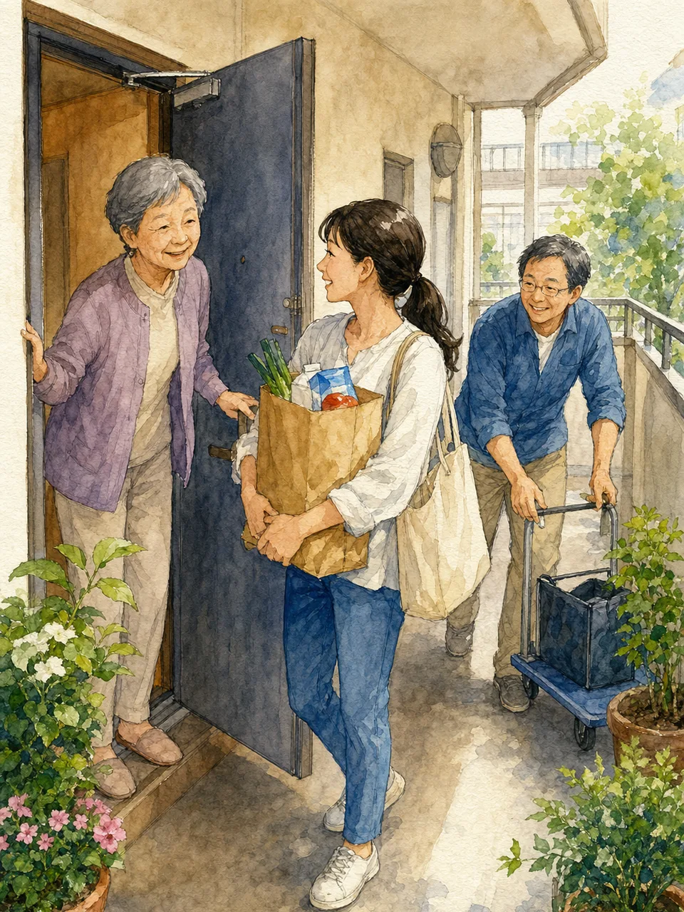 助け合う日本人の近所の人々（手描き水彩）。近所付き合い、助け合い、地域交流、日常の記事向け素材です。
