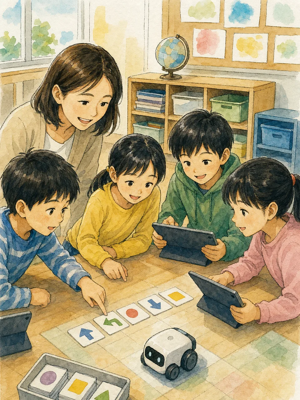 プログラミングを学ぶ日本の子どもたち（手描き水彩）。プログラミング教育、STEAM、学習教室の紹介に使える素材です。