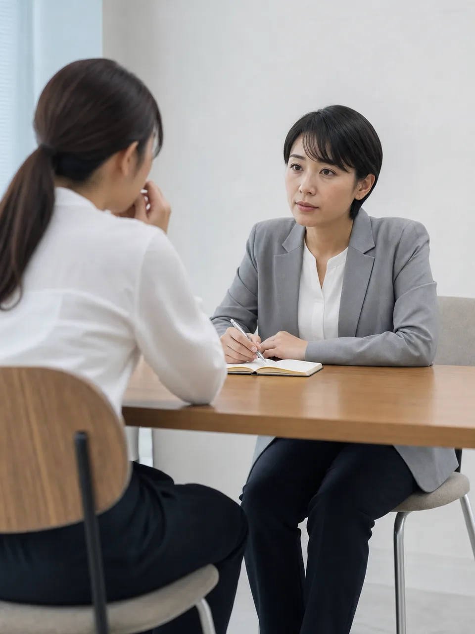 職場の悩みを相談する会社員（自然な縦位置写真）。ハラスメント対策、社内相談窓口、労務、メンタルケアの記事向け素材です。