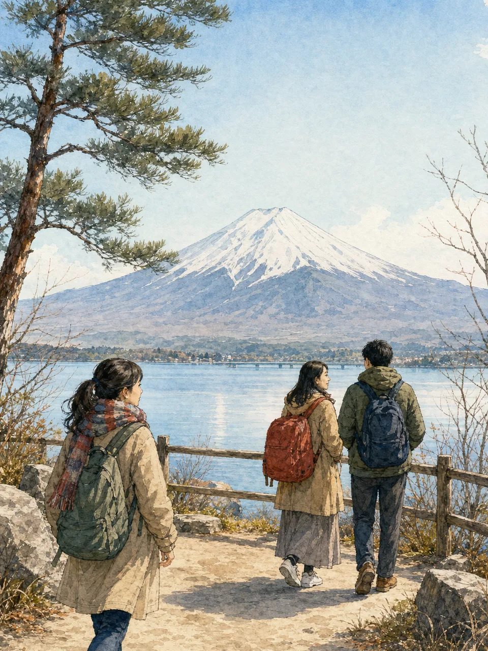 富士山を眺める日本人旅行者（手描き水彩）。富士山、国内観光、自然旅行、地域プロモーションに使える風景素材です。