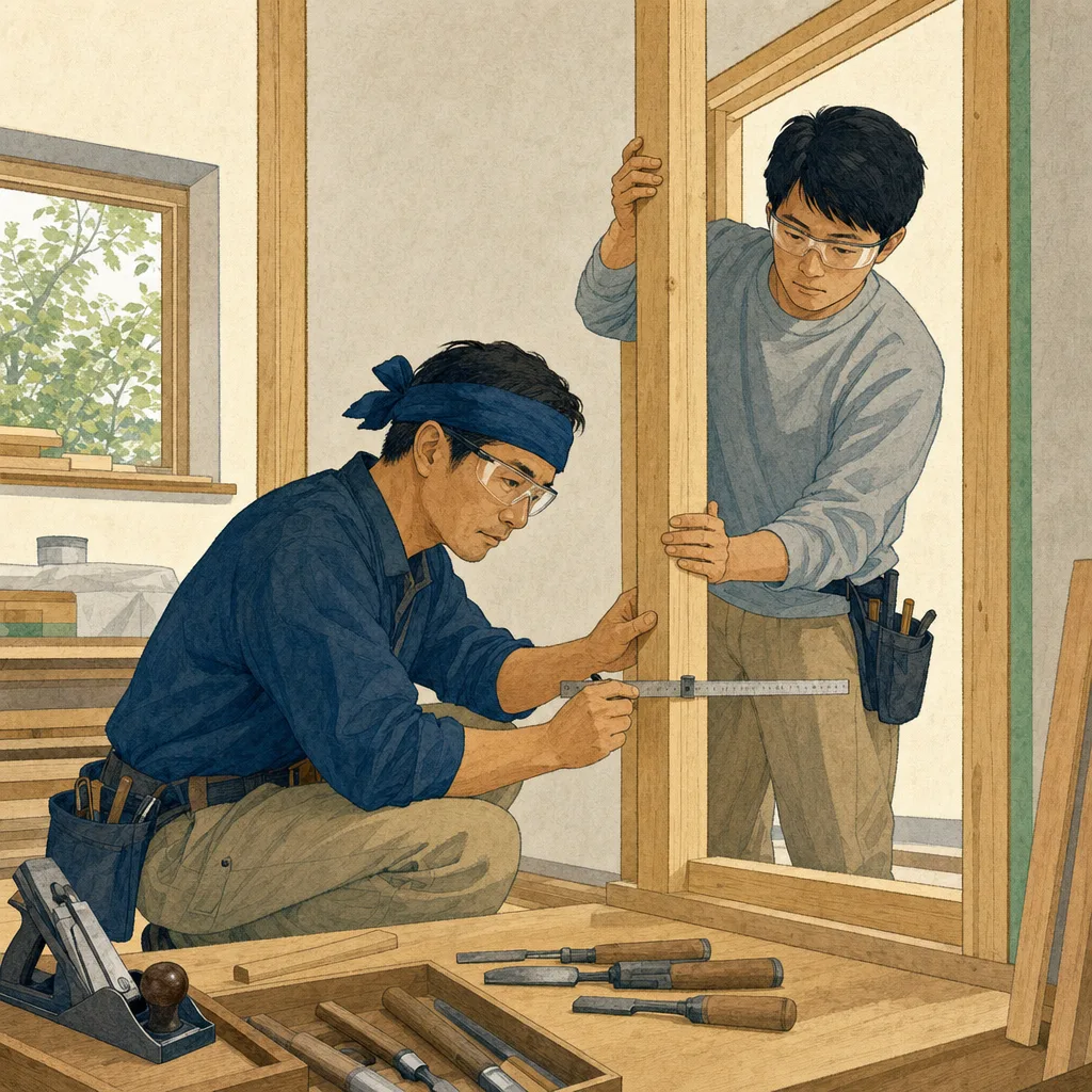 住宅を改修する日本人大工（編集記事向け）。大工、リフォーム、木工、住宅建築の記事に使える職人素材です。