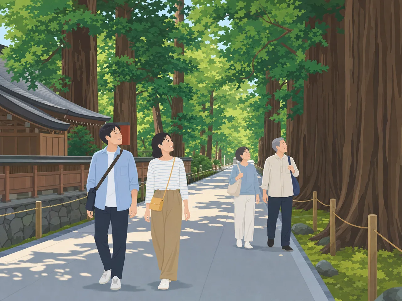 栃木の杉並木を歩く旅行者（フラットイラスト）。栃木旅行、杉並木、日光周辺、関東旅行の記事や案内に使える商用素材です。