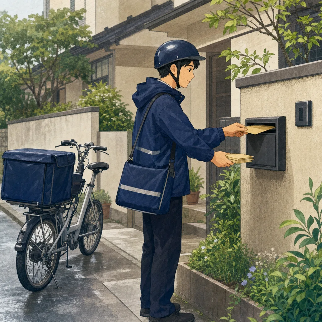 郵便物を届ける日本人配達員（編集記事向け）。郵便配達員、郵便、地域物流、暮らしの記事に使える素材です。