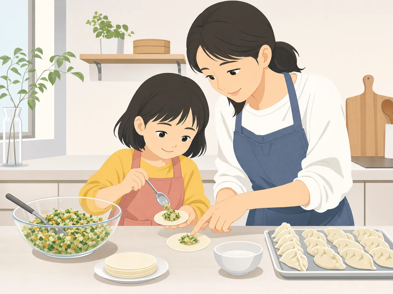 餃子を包む日本人家族（フラットイラスト）。餃子、家庭料理、親子、食育の記事に使える素材です。