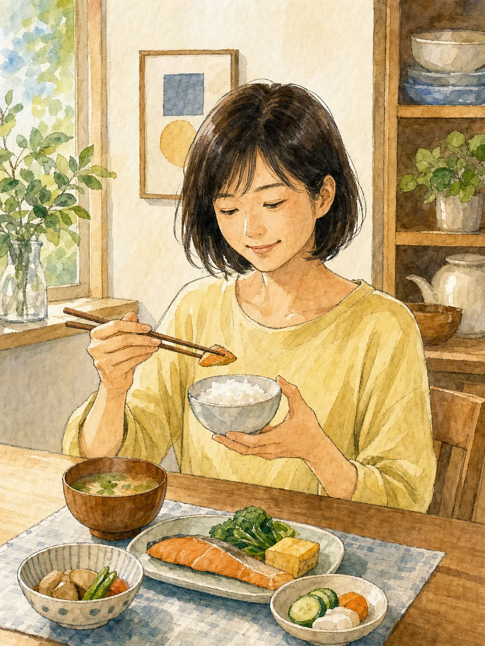 一人の食事を楽しむ日本人（手描き水彩）。一人ごはん、一人暮らし、食事、ソロ活の記事や案内に使える商用素材です。