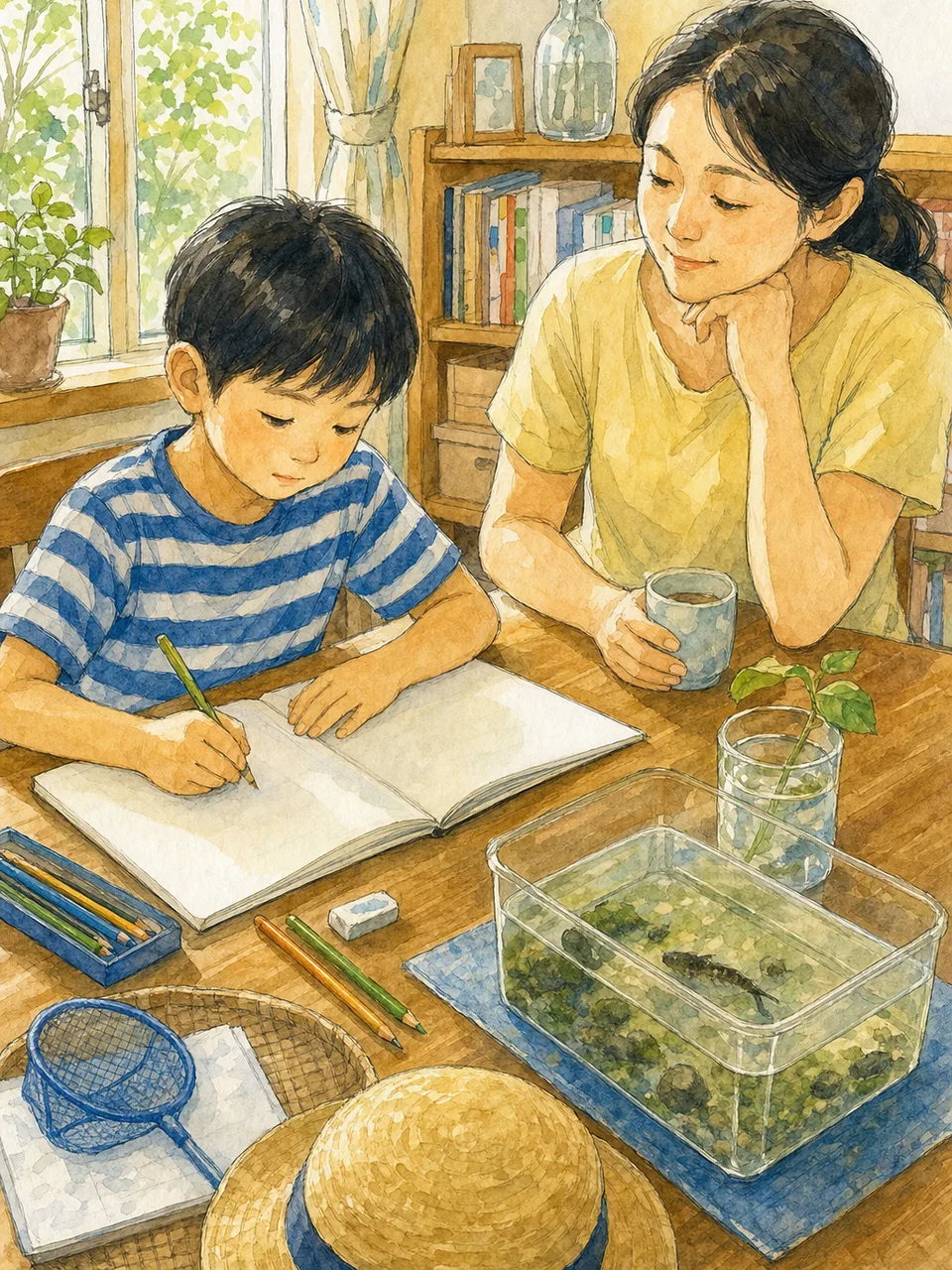 夏休みの宿題に取り組む日本人の子ども（手描き水彩）。夏休みの宿題、子ども、家庭学習、夏の記事向け素材です。