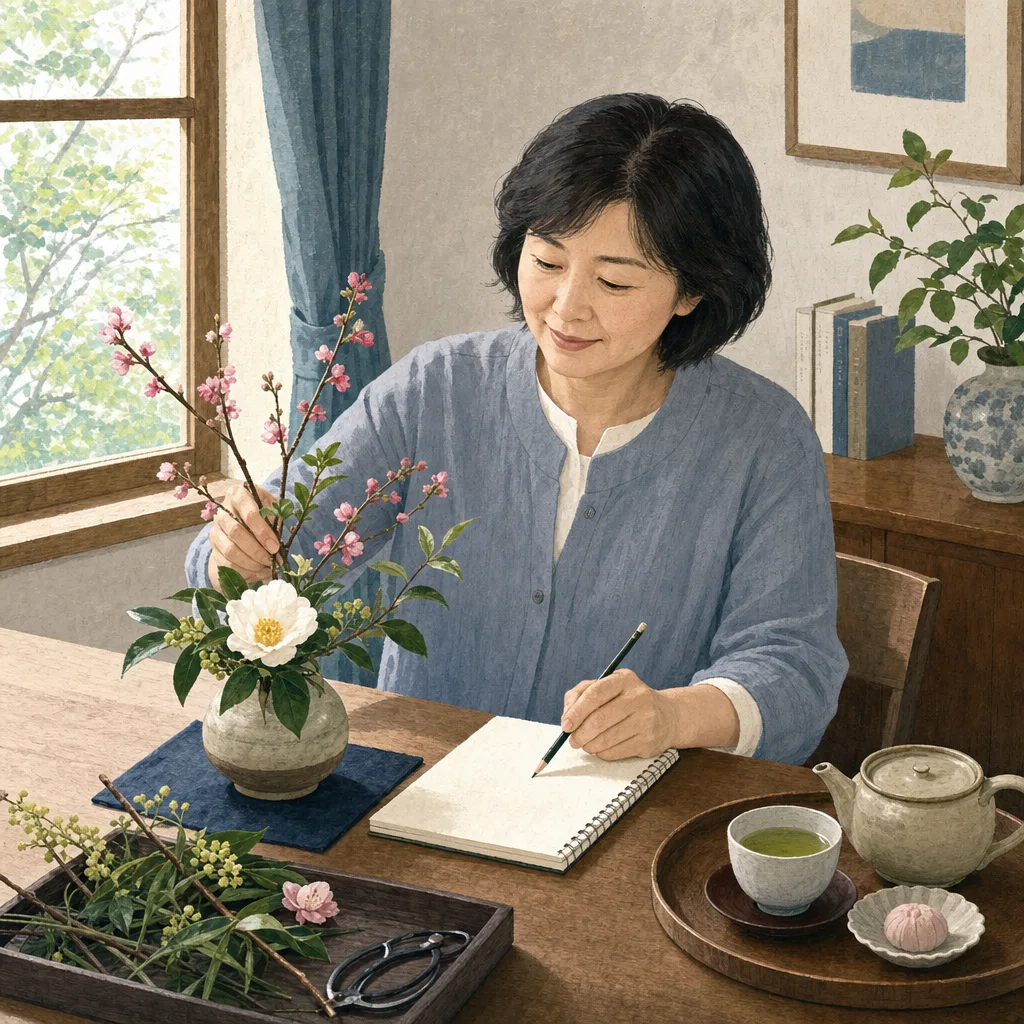 自分の時間を楽しむ日本人の中年女性（編集記事向け）。中年女性、日常生活、趣味、ウェルビーイングの記事向け素材です。
