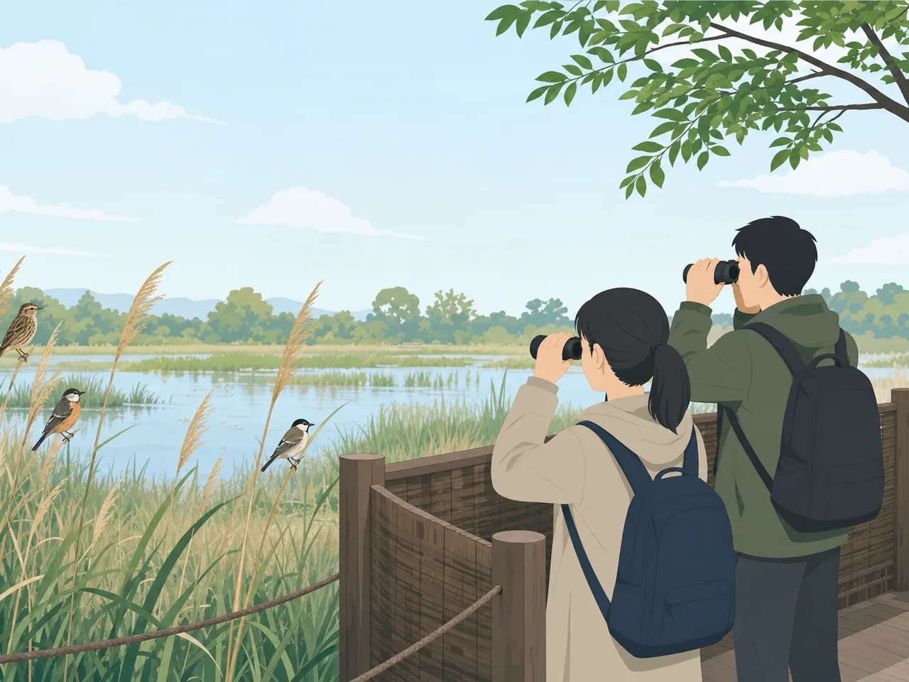 野鳥を観察する日本人（フラットイラスト）。野鳥、バードウォッチング、自然観察、アウトドアの記事向け素材です。