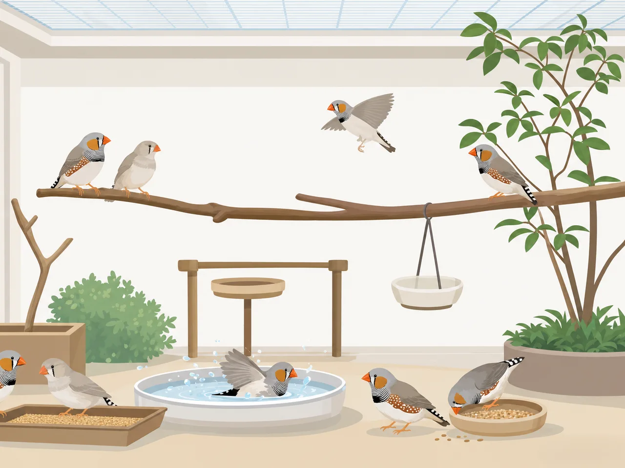 群れで暮らすキンカチョウ（フラットイラスト）。キンカチョウ、フィンチ、小鳥、ペットの記事や案内に使える商用素材です。