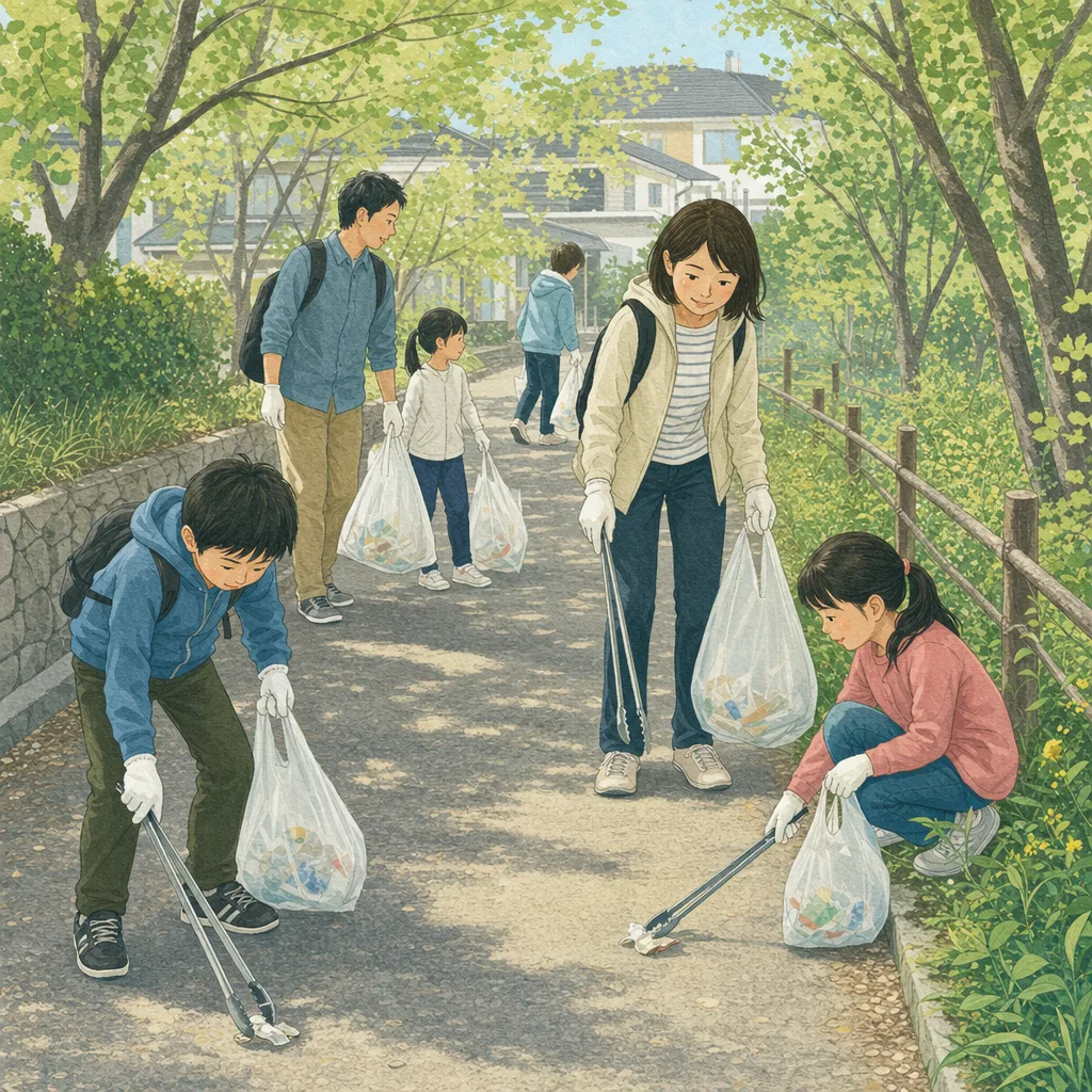 地域清掃に参加する日本人住民（編集記事向け）。地域清掃、ボランティア、環境美化、地域交流の記事向け素材です。