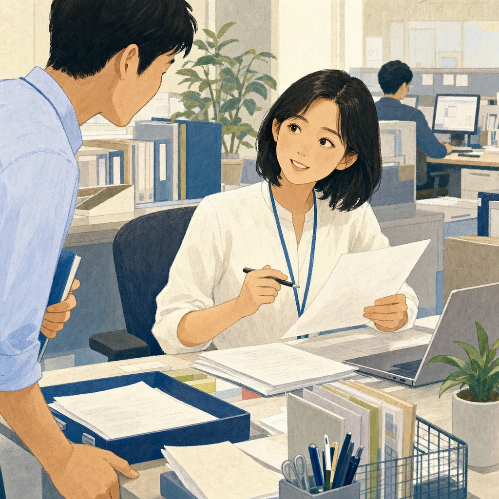 事務職として働く日本人会社員（編集記事向け）。事務職、オフィスワーク、書類整理、業務支援の記事向け素材です。