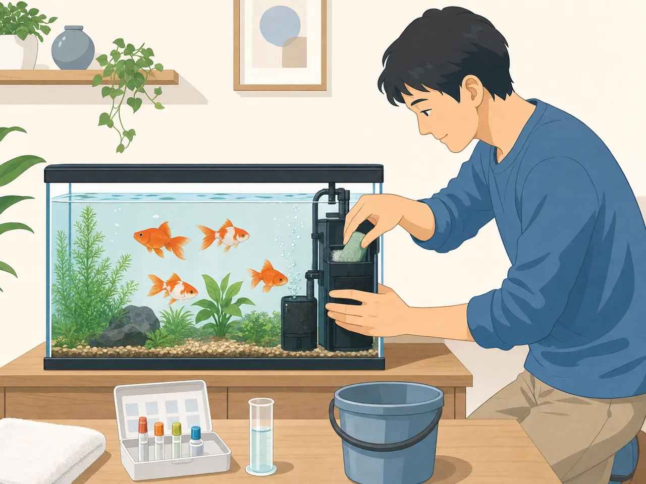金魚の水槽を手入れする日本人（フラットイラスト）。金魚、アクアリウム、水槽管理、ペットの記事向け素材です。