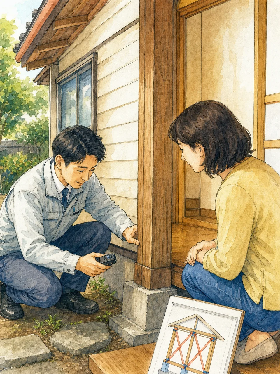 耐震診断を行う日本人技術者（手描き水彩）。耐震診断、地震対策、住宅安全、建築の記事向け素材です。
