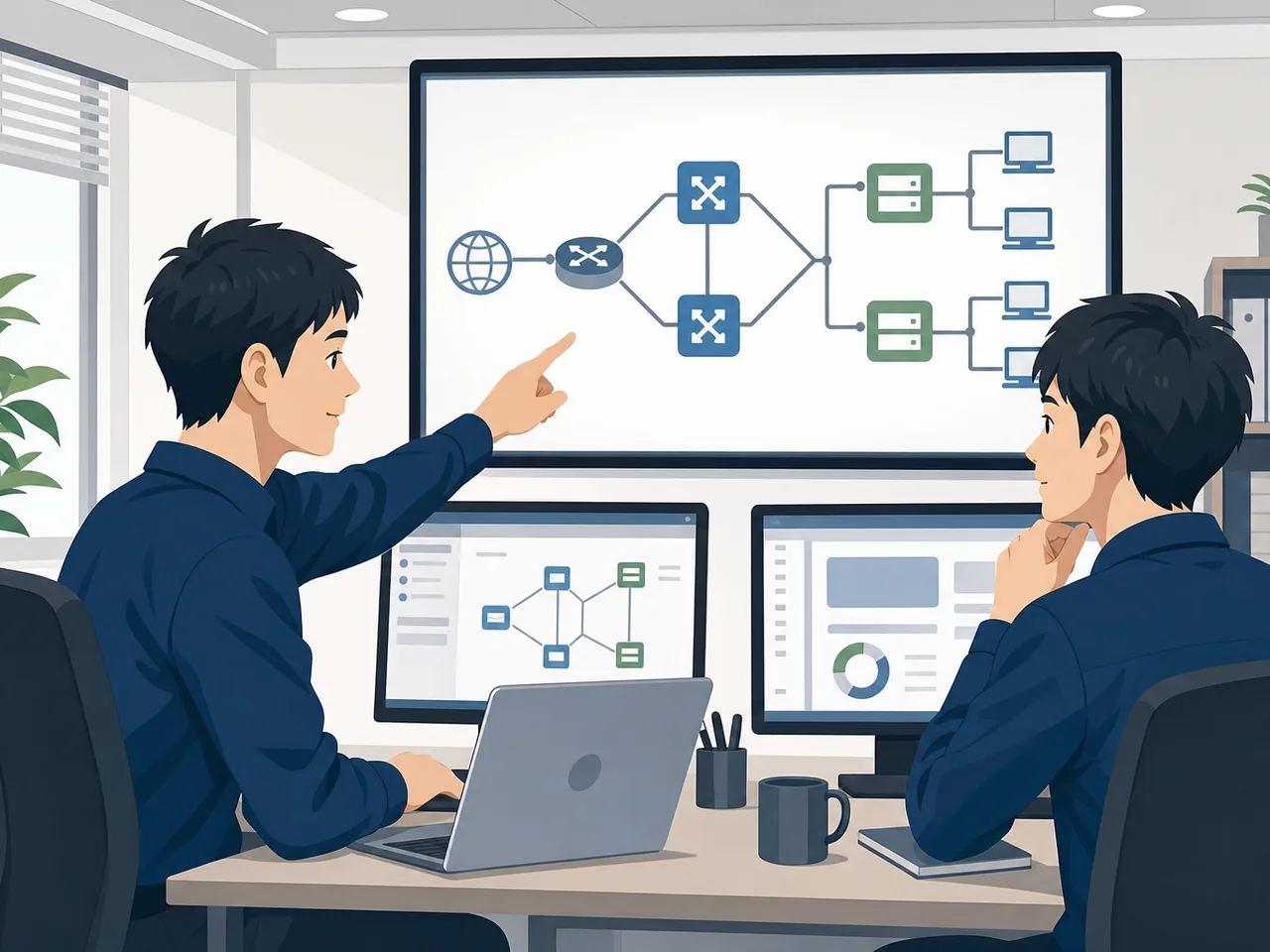 クラウドインフラを運用する日本人技術者（フラットイラスト）。クラウドインフラ、システム運用、IT、技術者の記事向け素材です。