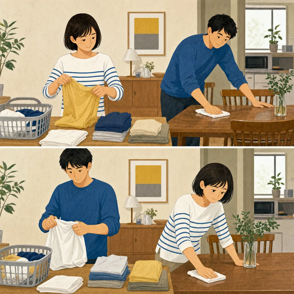 家事を分担する日本人カップル（編集記事向け）。複数の家事を分担、カップルの家事、家事分担、共働きの記事や案内に使える商用素材です。